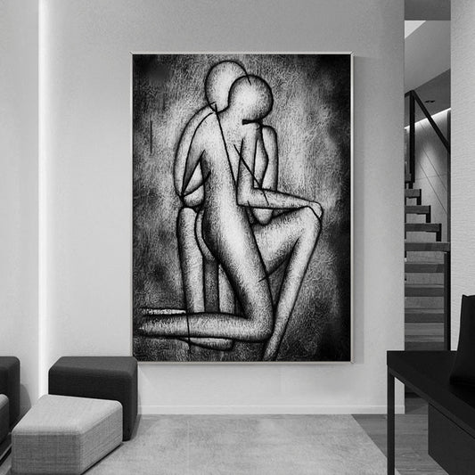 Contemporary Abstract Oil Painting of Two Figures Embracing in Shadows