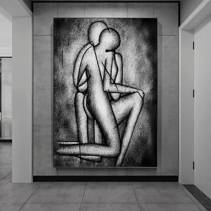 Contemporary Abstract Oil Painting of Two Figures Embracing in Shadows