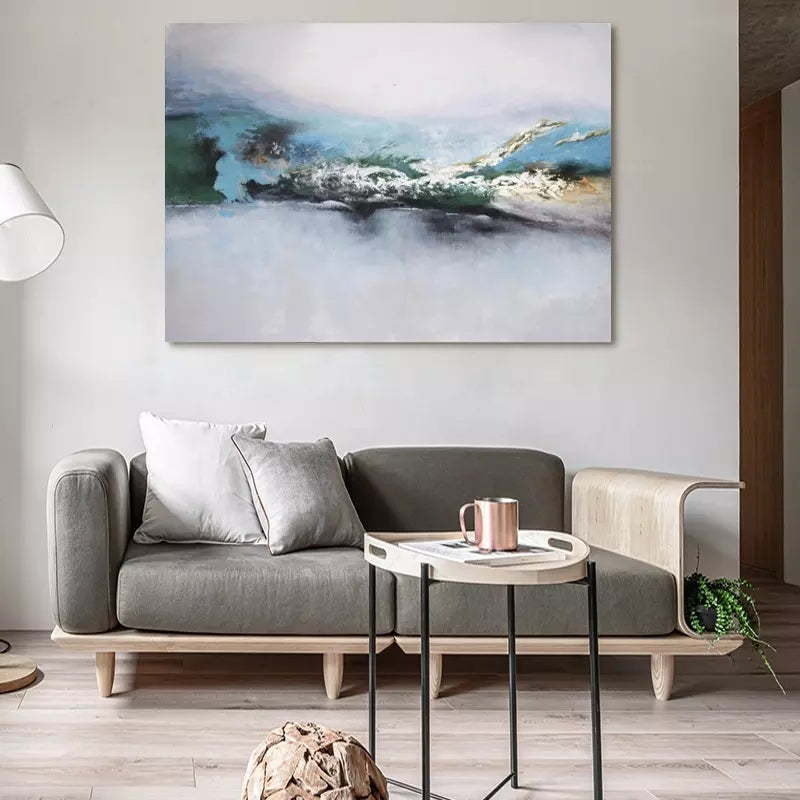 Serene Coastal Waves Abstract Oil Painting for Calming Home Decor