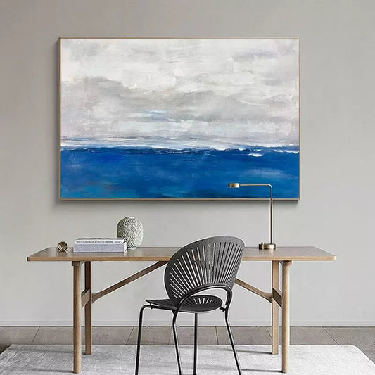 Serene Coastal Landscape Oil Painting with Tranquil Blue Waters and Soft Clouds