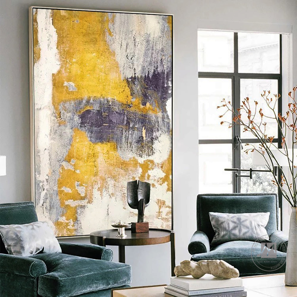 Vibrant Abstract Oil Painting with Gold and Blue Textures for Modern Decor