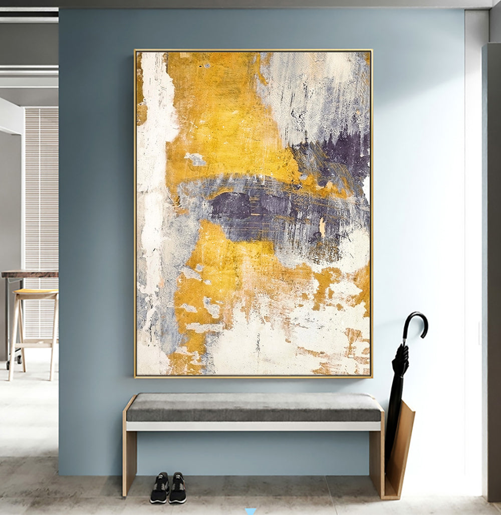 Vibrant Abstract Oil Painting with Gold and Blue Textures for Modern Decor