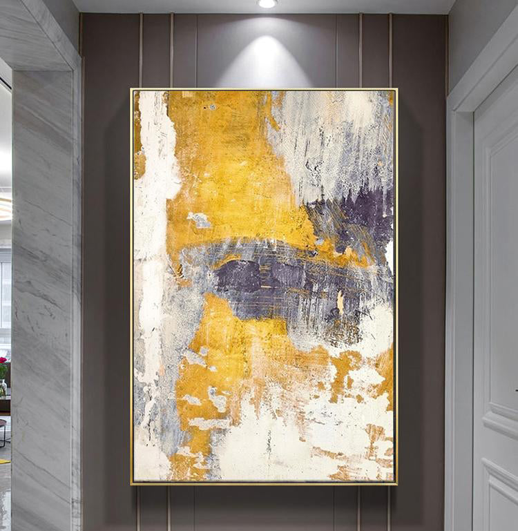 Vibrant Abstract Oil Painting with Gold and Blue Textures for Modern Decor