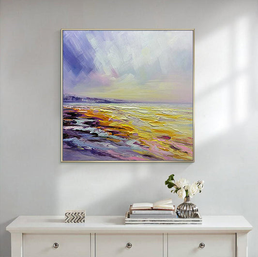 Serene Coastal Sunrise Oil Painting - Vibrant Waves and Tranquil Landscapes