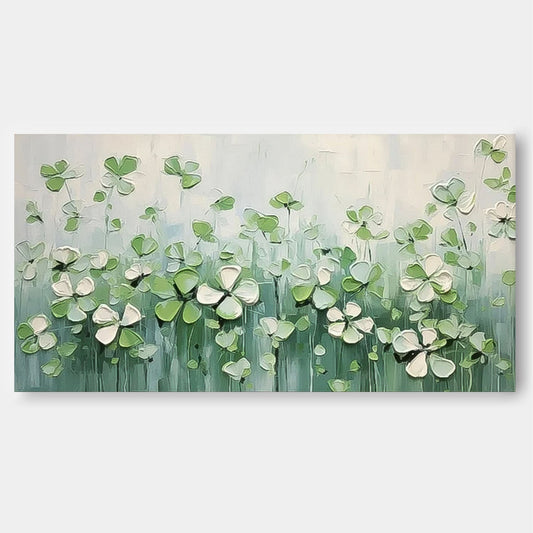 Delicate Green Flower Field Oil Painting for Home Decor
