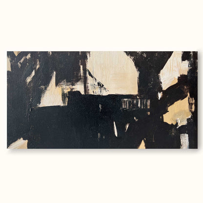 Elegant Black and Beige Minimalist Abstract Oil Painting for Modern Decor