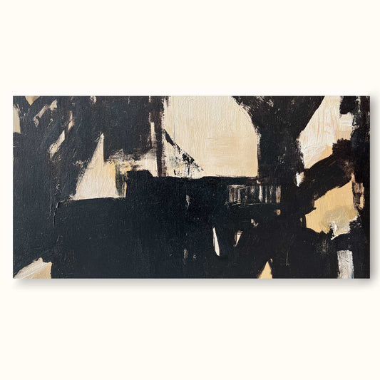 Elegant Black and Beige Minimalist Abstract Oil Painting for Modern Decor