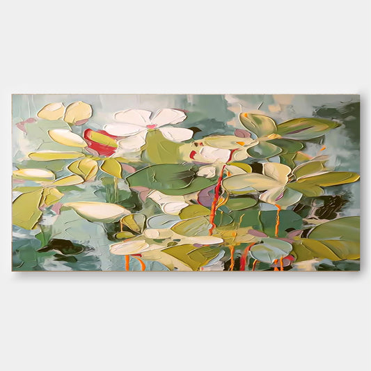 Vibrant Floral Oil Painting with Lush Greenery and Textured Blossoms