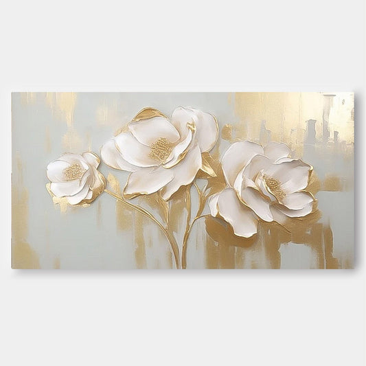 Elegant White Floral Oil Painting on Canvas with Gold Accents for Home Decor
