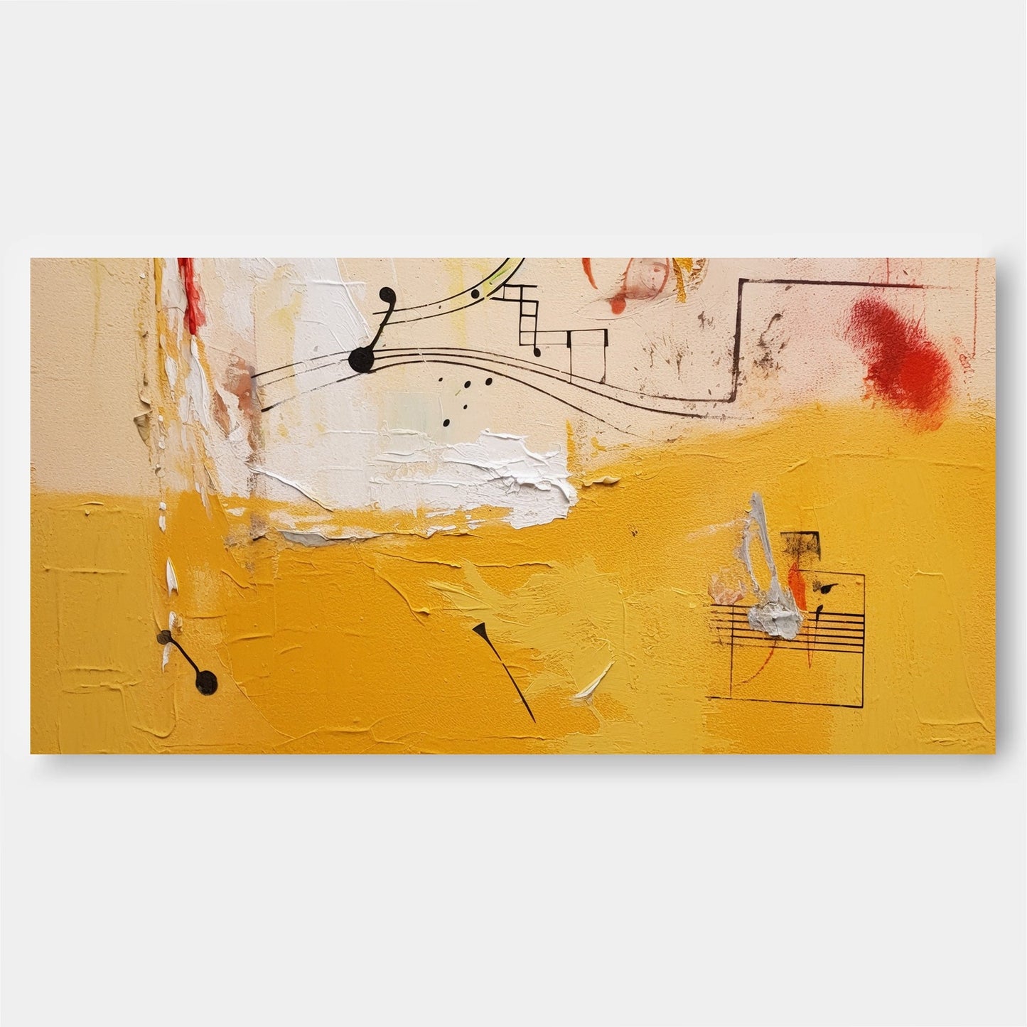 Vibrant Abstract Oil Painting with Musical Notes and Warm Yellow Tones for Modern Decor