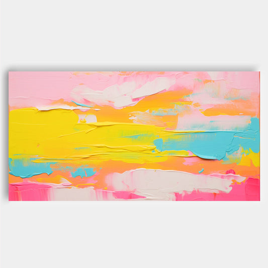 Vibrant Abstract Landscape Oil Painting in Pink and Yellow Hues for Modern Decor