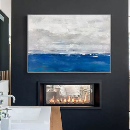 Serene Coastal Landscape Oil Painting with Tranquil Blue Waters and Soft Clouds