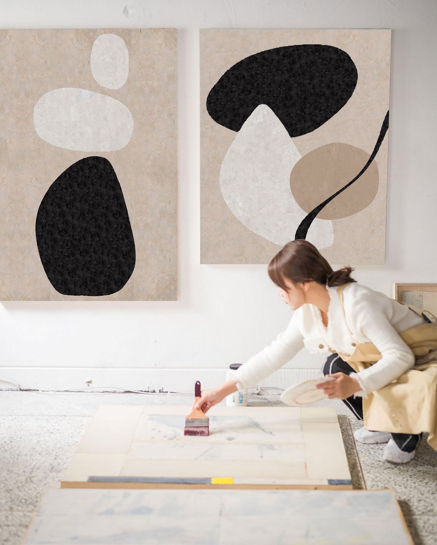 Modern Beige and Black Abstract Oil Painting for Contemporary Home Decor