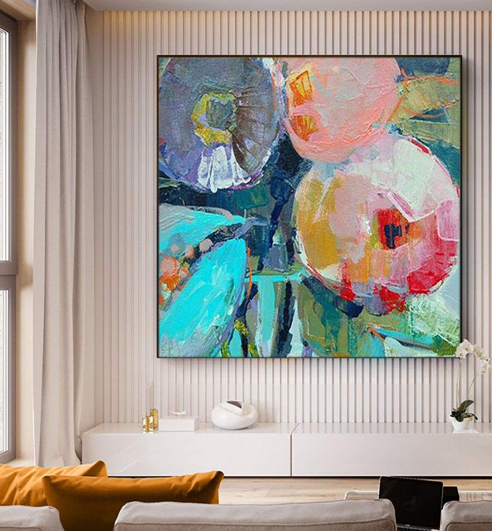 Vibrant Peach Oil Painting with Abstract Floral Elements for Home Décor