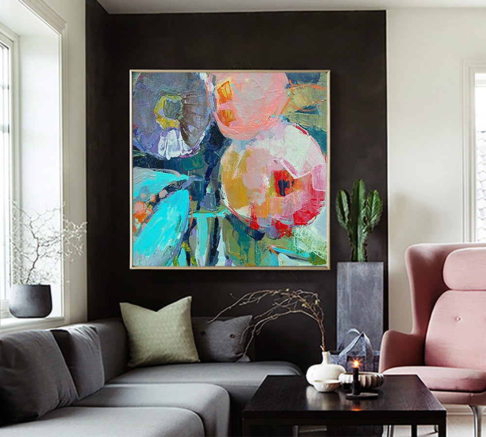 Vibrant Peach Oil Painting with Abstract Floral Elements for Home Décor