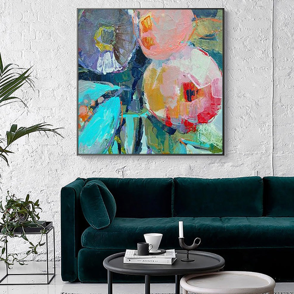 Vibrant Peach Oil Painting with Abstract Floral Elements for Home Décor