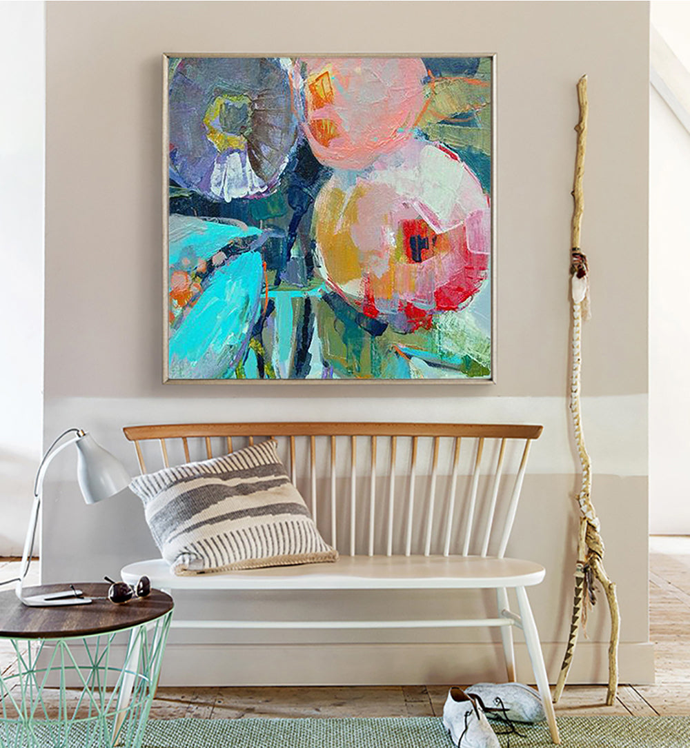 Vibrant Peach Oil Painting with Abstract Floral Elements for Home Décor