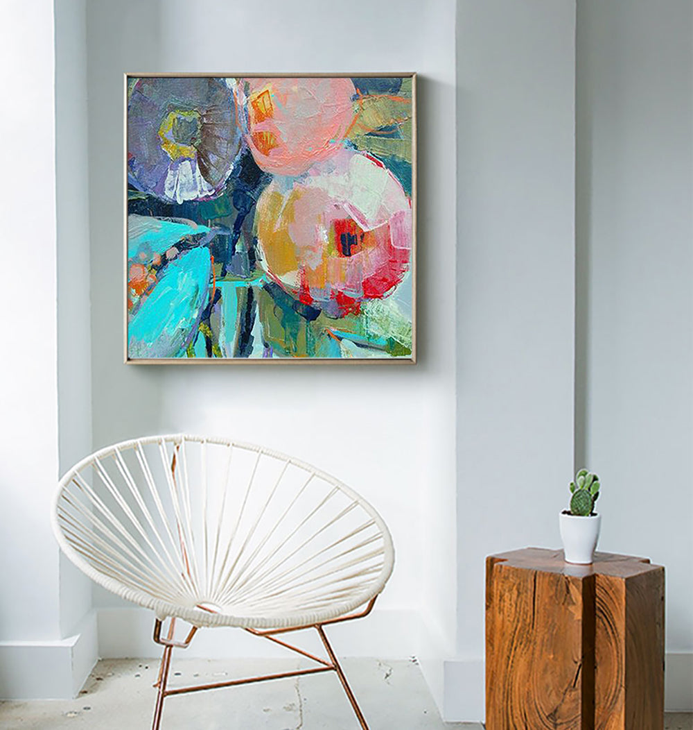 Vibrant Peach Oil Painting with Abstract Floral Elements for Home Décor