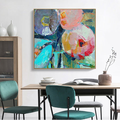 Vibrant Peach Oil Painting with Abstract Floral Elements for Home Décor