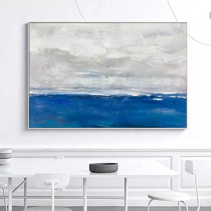 Serene Coastal Landscape Oil Painting with Tranquil Blue Waters and Soft Clouds