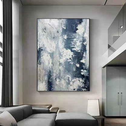 Abstract Blue and White Landscape Oil Painting for Modern Home Decor