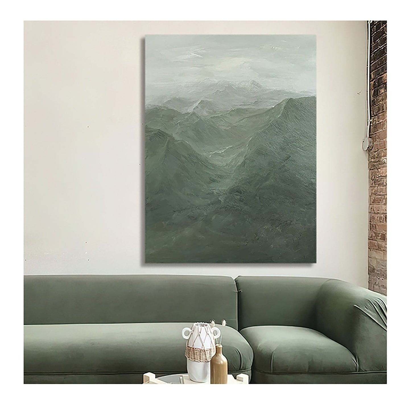 Serene Green Mountain Landscape Oil Painting for Modern Home Decor