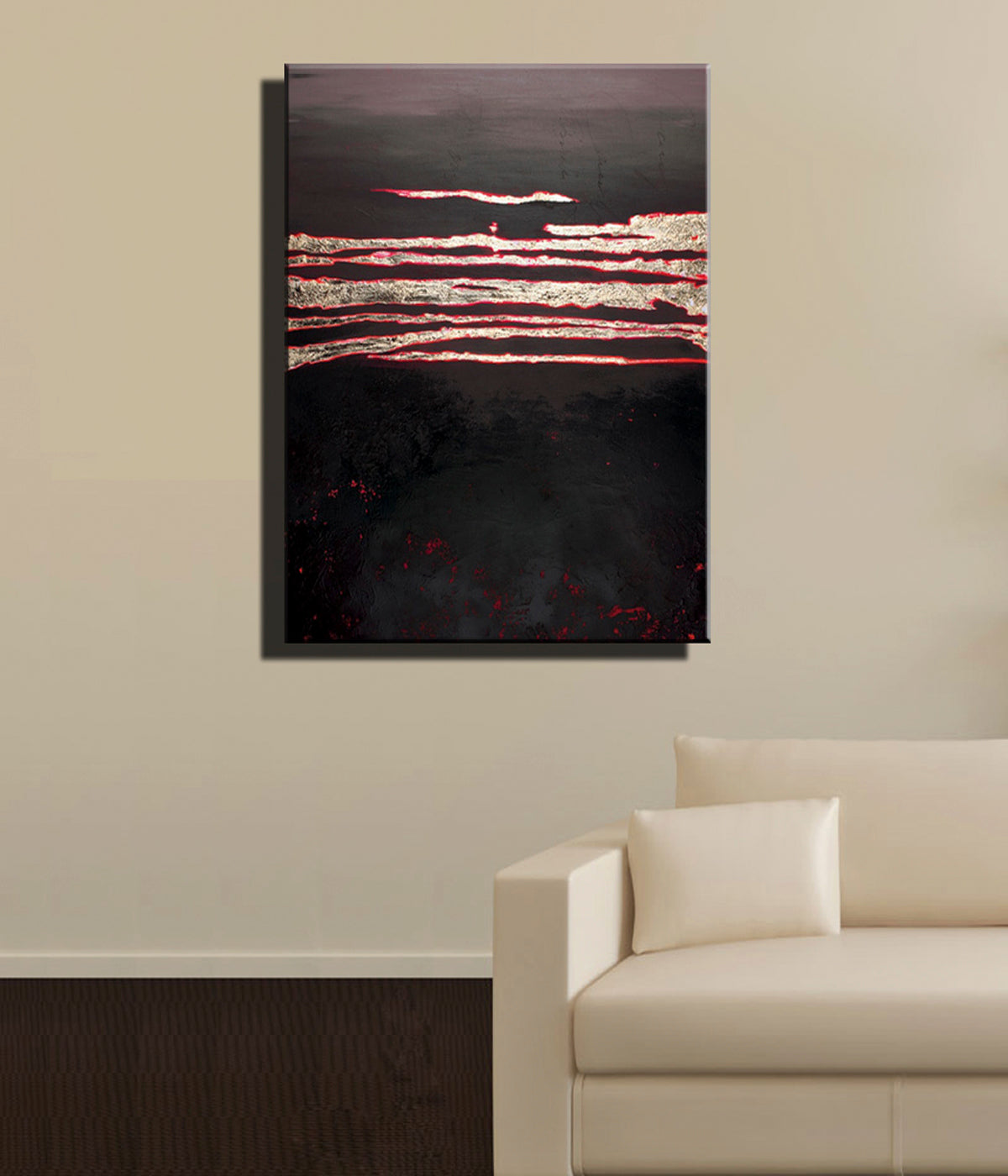 Abstract Landscape Oil Painting - Dramatic Black and Red Horizon Art