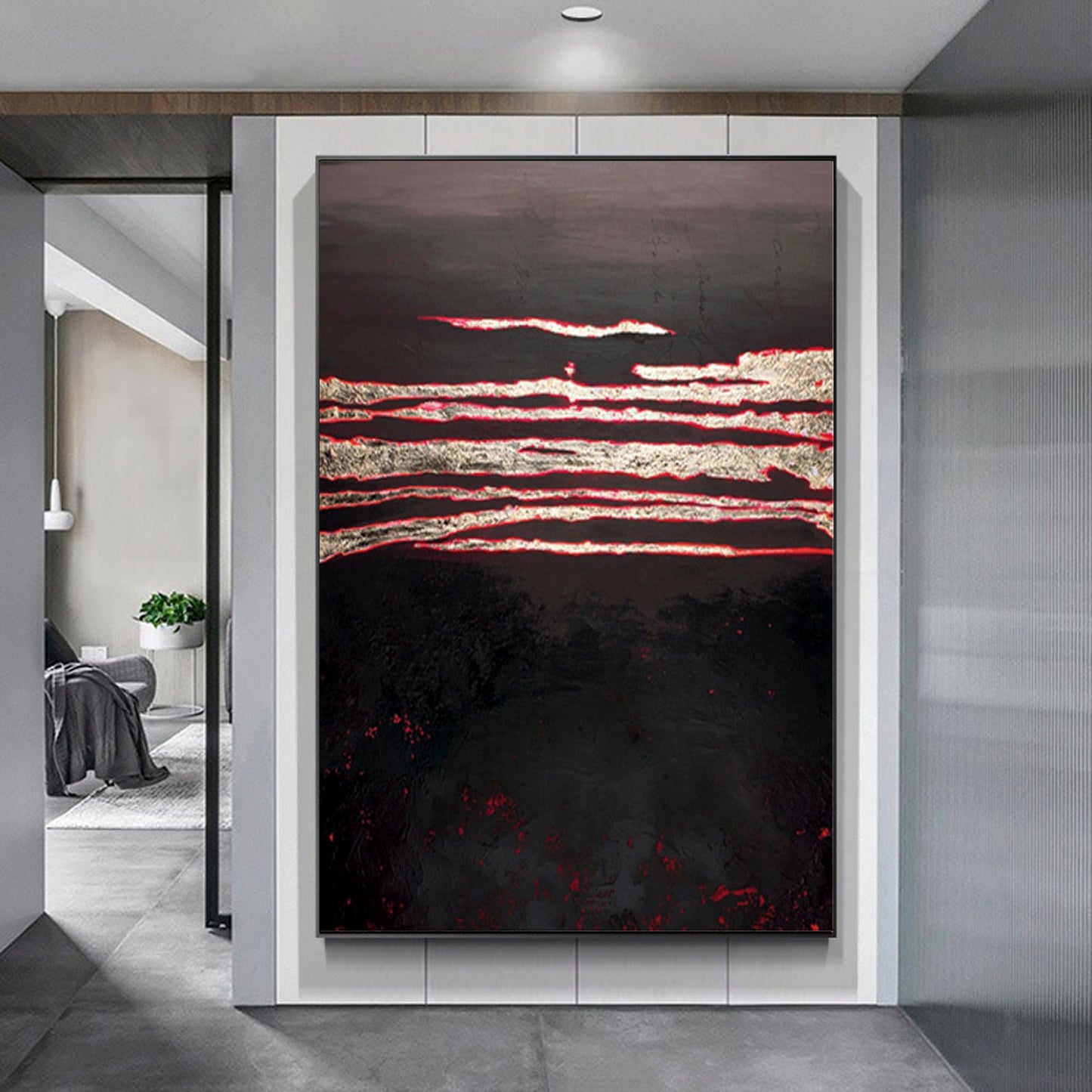 Abstract Landscape Oil Painting - Dramatic Black and Red Horizon Art