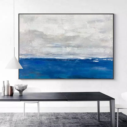 Serene Coastal Landscape Oil Painting with Tranquil Blue Waters and Soft Clouds