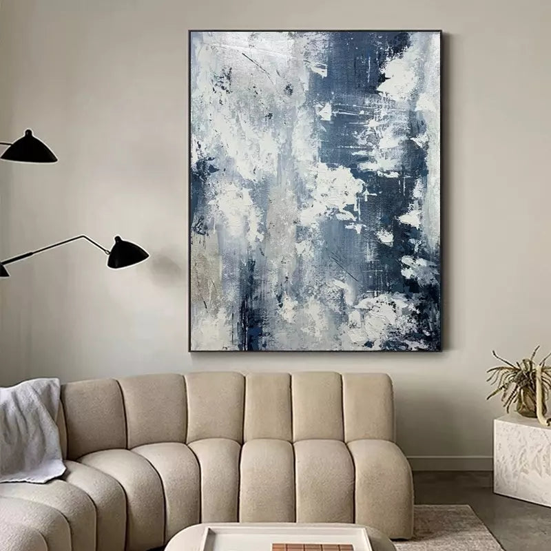 Abstract Blue and White Landscape Oil Painting for Modern Home Decor