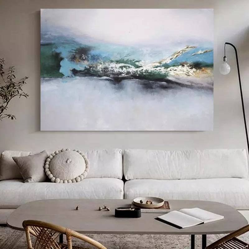 Serene Coastal Waves Abstract Oil Painting for Calming Home Decor