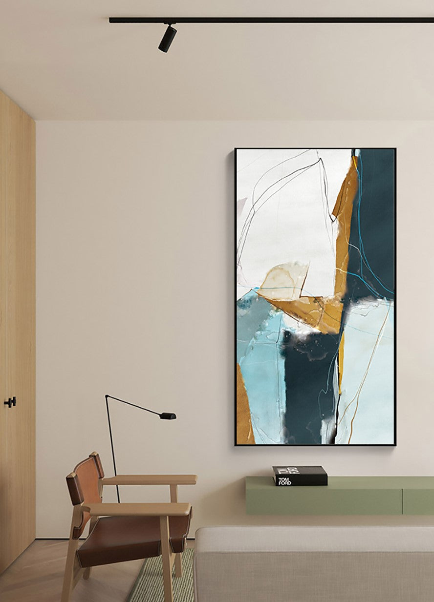 Abstract Modern Oil Painting with Turquoise, Gold, and Navy Tones for Contemporary Decor