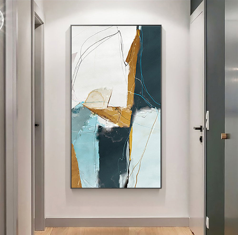 Abstract Modern Oil Painting with Turquoise, Gold, and Navy Tones for Contemporary Decor