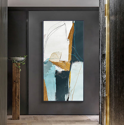 Abstract Modern Oil Painting with Turquoise, Gold, and Navy Tones for Contemporary Decor