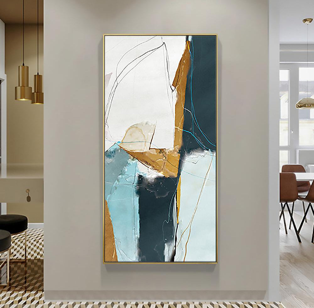 Abstract Modern Oil Painting with Turquoise, Gold, and Navy Tones for Contemporary Decor