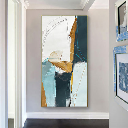 Abstract Modern Oil Painting with Turquoise, Gold, and Navy Tones for Contemporary Decor