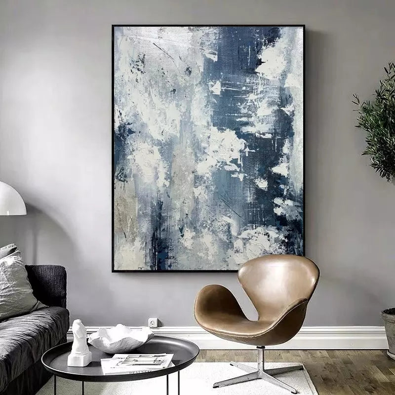 Abstract Blue and White Landscape Oil Painting for Modern Home Decor