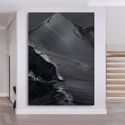 Monochrome Mountain Landscape Oil Painting with Textured Finish