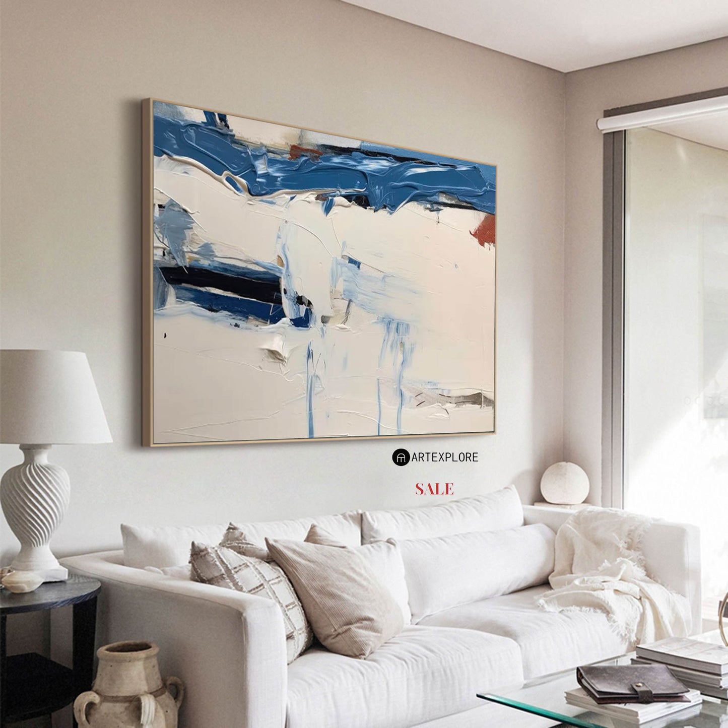 “Contemporary Blue and White Abstract Oil Painting for Modern Home Decor”