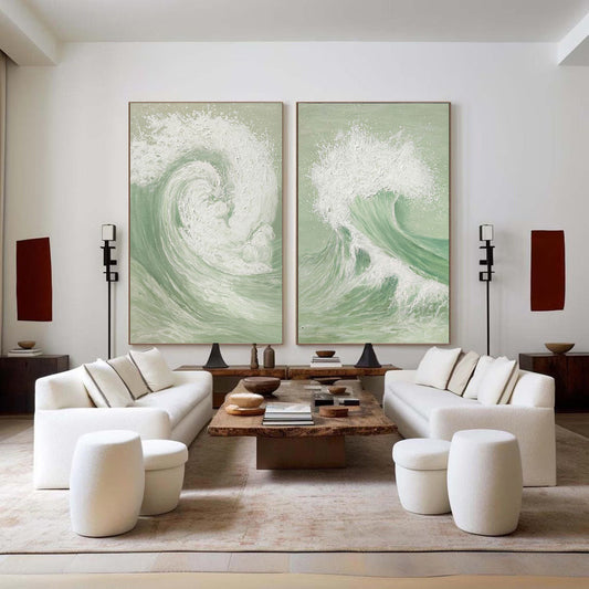 Elegant Green and White Abstract Wave Art for Modern Home Decor Set