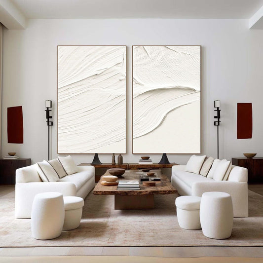 Elegant White Minimalist Abstract Oil Painting Duo for Modern Home Decor