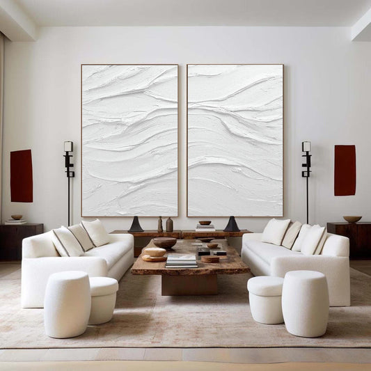 Minimalist White Abstract Oil Paintings for Home Decor - Set of Two