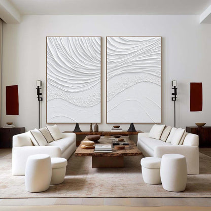 Serene Abstract White Textured Wall Art - Set of Two Oil Paintings for Modern Decor