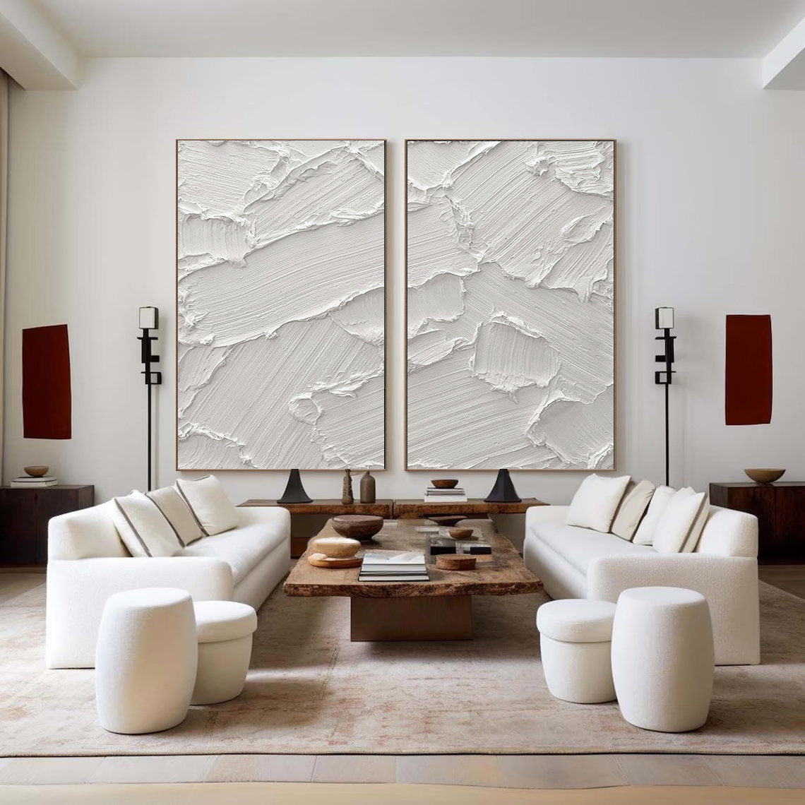 Textured White Abstract Oil Painting Duo for Modern Home Decor