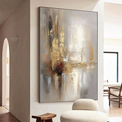 Abstract Grey and Beige Oil Painting with Gold Foil Texture for Modern Decor