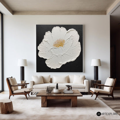 Elegant White Flower Oil Painting on Black Canvas - Modern Abstract Art Decor