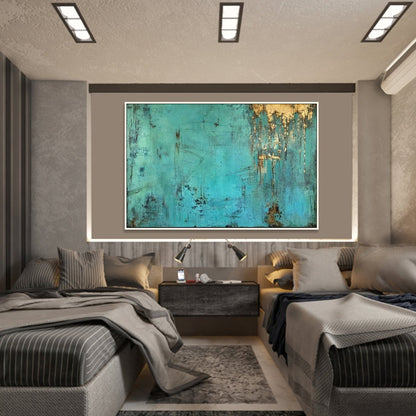 Bold Abstract Oil Painting in Teal with Gold Accents for Modern Home Decor