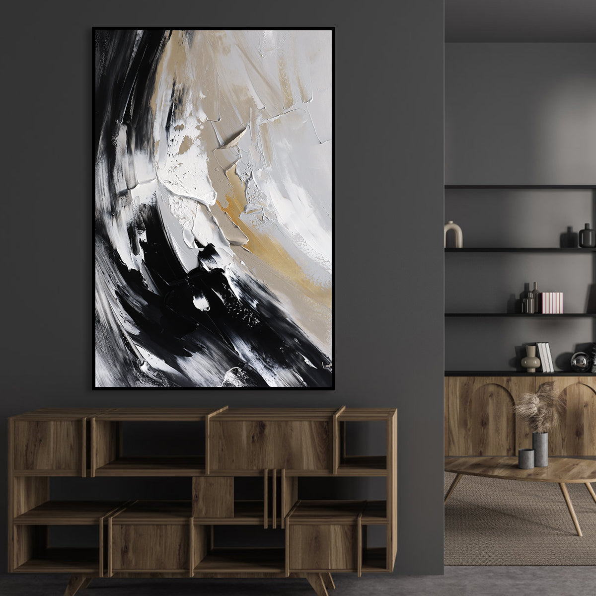 Abstract Black and White Waves – Modern Oil Painting for Elegant Decor