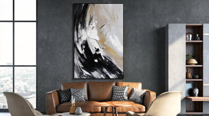 Abstract Black and White Waves – Modern Oil Painting for Elegant Decor