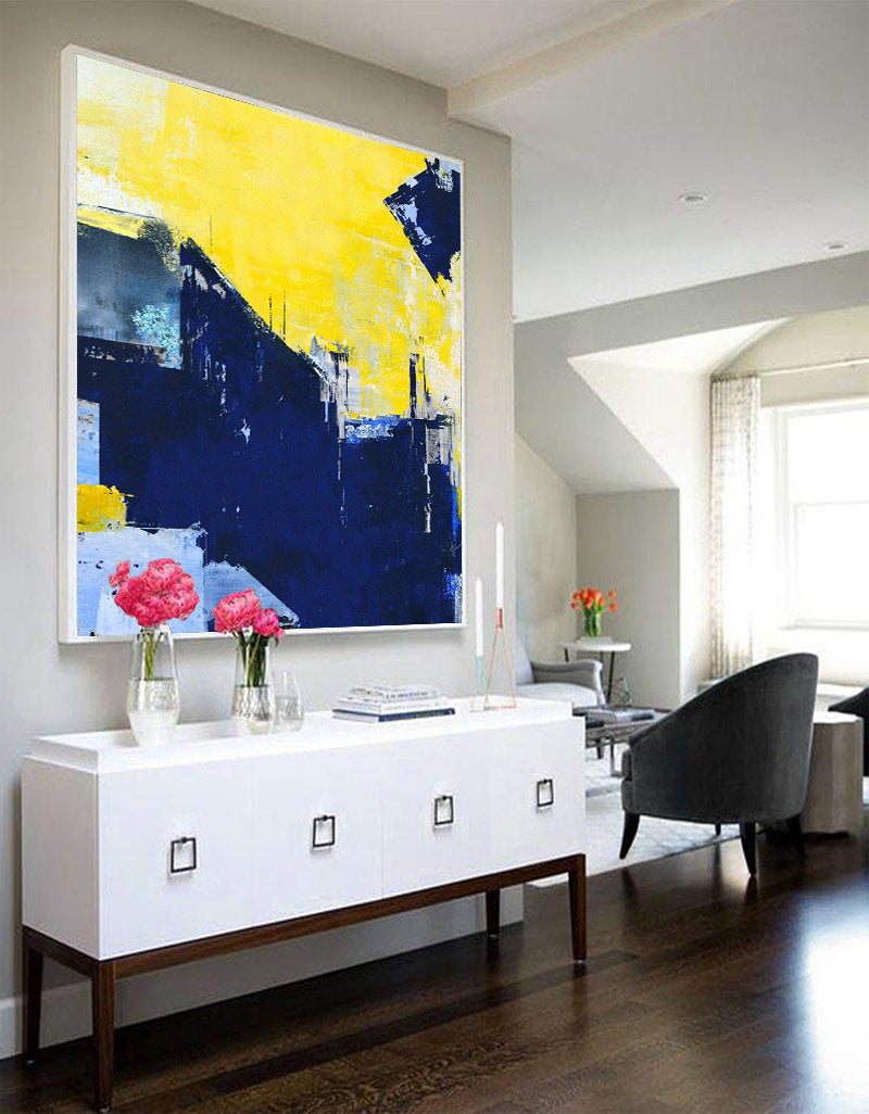 Vibrant Blue and Yellow Abstract Oil Painting for Modern Home Decor